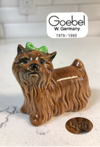 Goebel Vintage Yorkshire Terrier Yorkie Figurine #510 Brown Fur Green Bow