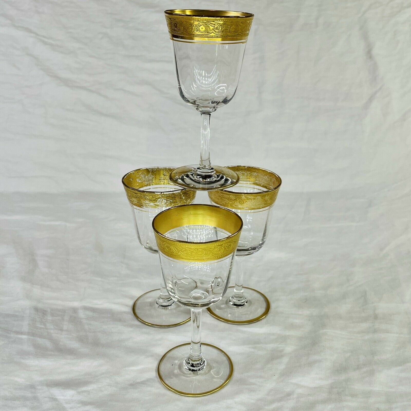 Set Of 4 Vintage Tiffin Rambler Rose Gold Rim Cordial Shot Glass Goblets 1.5 Oz