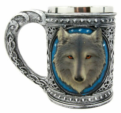 Large Celtic Blue Alpha Gray Wolf Mug Stainless Steel Rim Resin 18oz Cup