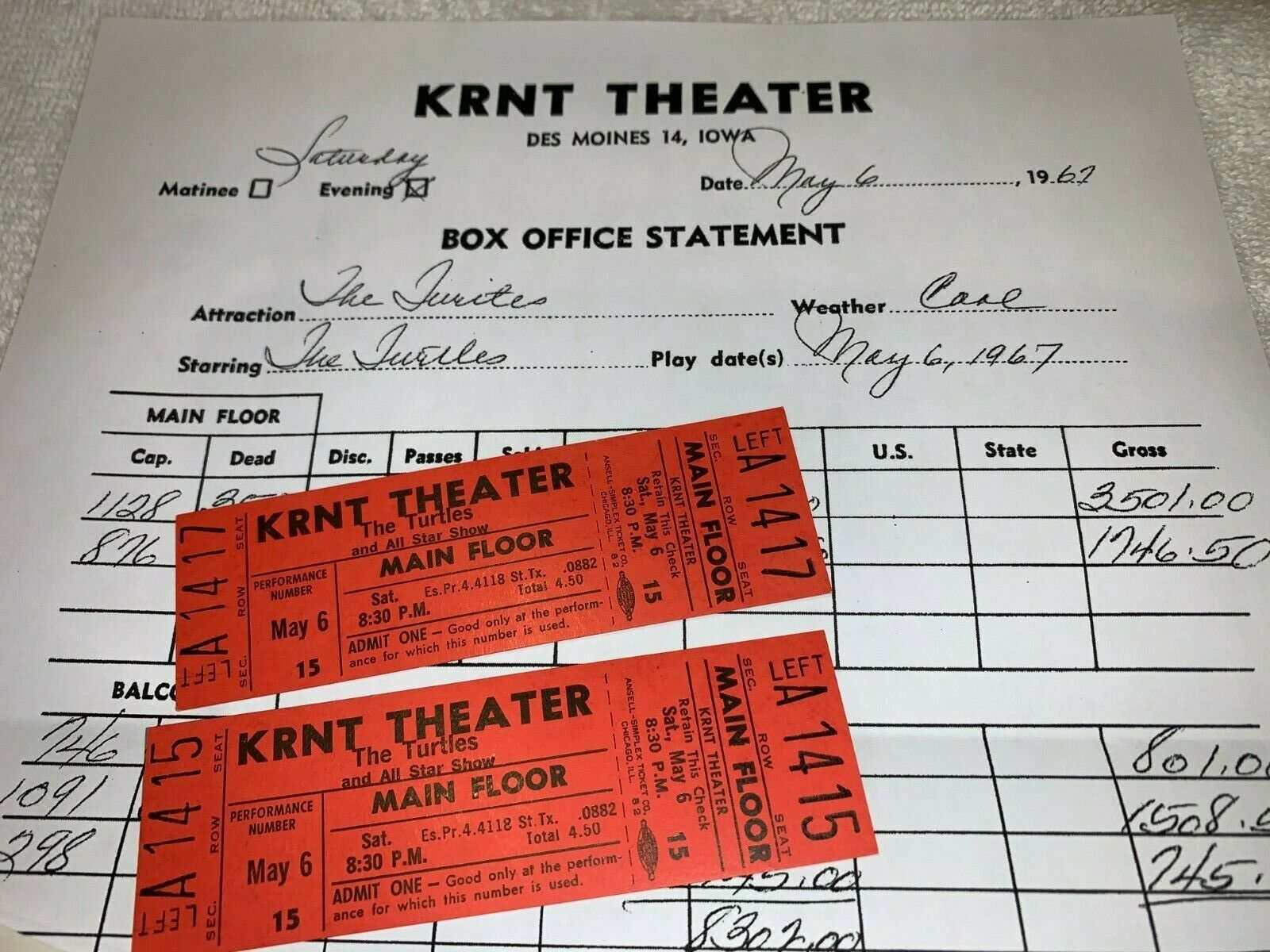 The Turtles Buffalo Springfield 2 Unused 1967 Tickets Will Call Krnt Theater Red