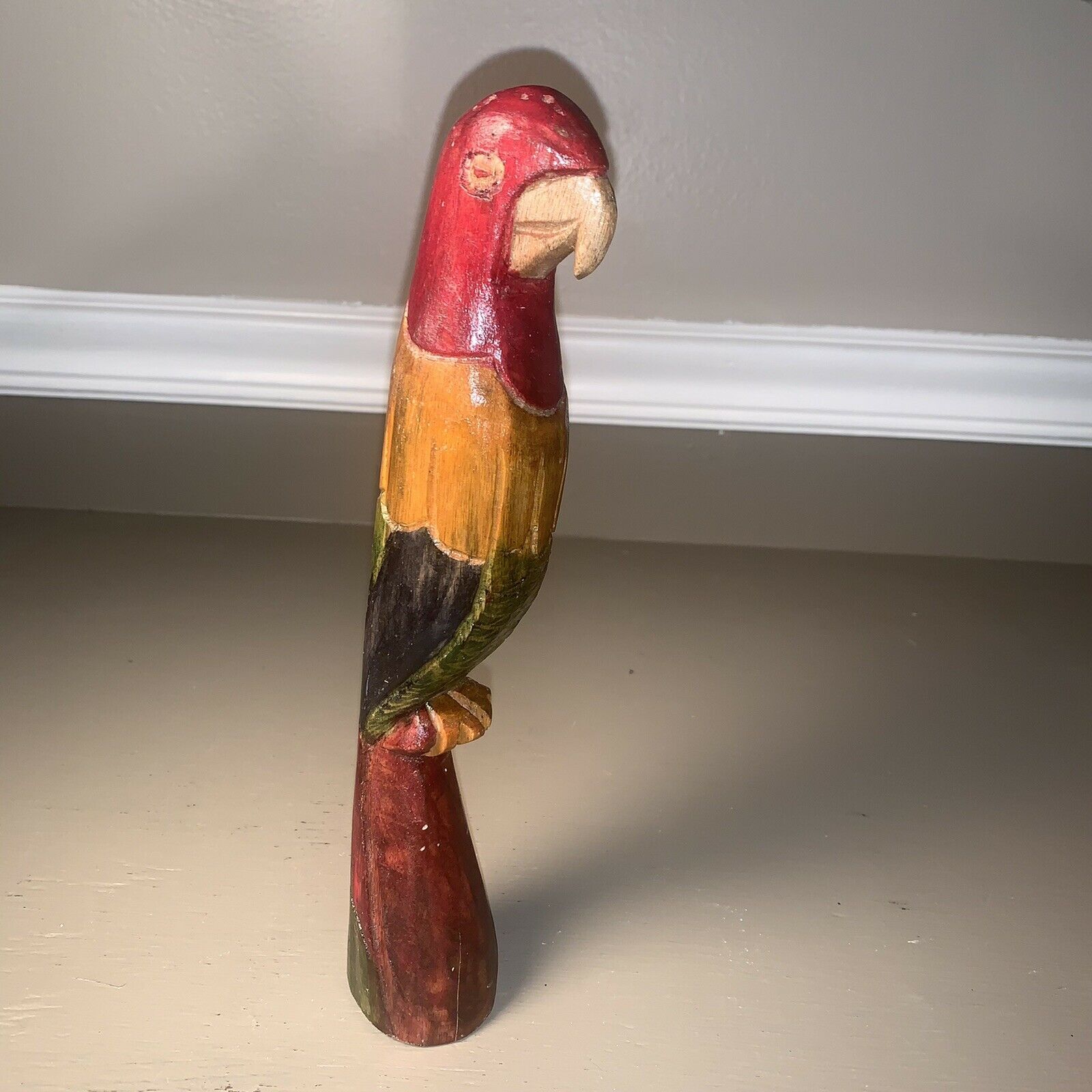 Hand Carved Parrot Figurine Hand Painted Folk Art Wooden Bird Statue Tropical