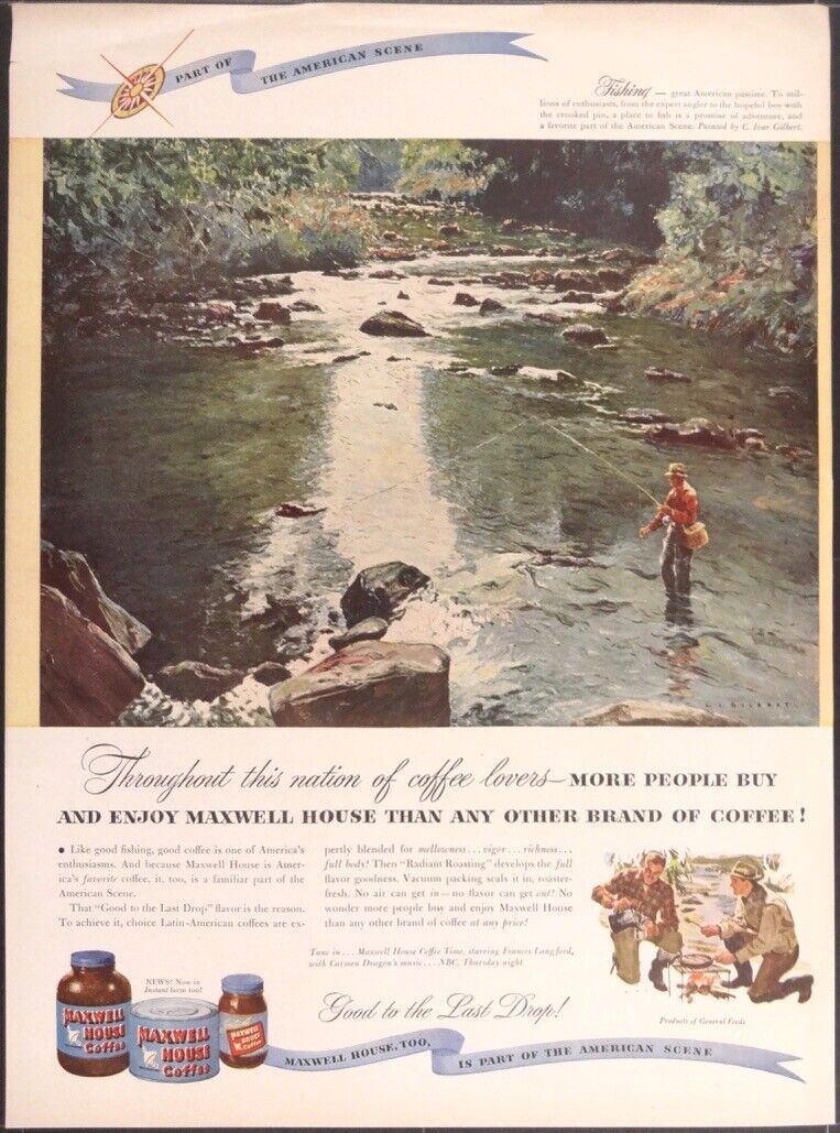 Vintage Magazine Ad 1947 Maxwell House Coffee Fly Fishing Artist C. Iver Gilbert