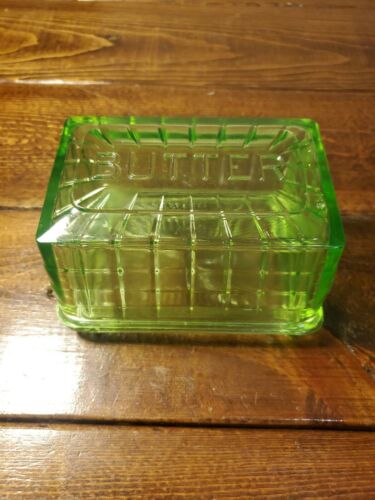 Vintage Green Uranium Vaseline Depression Glass Butter Dish Glows W/black Light