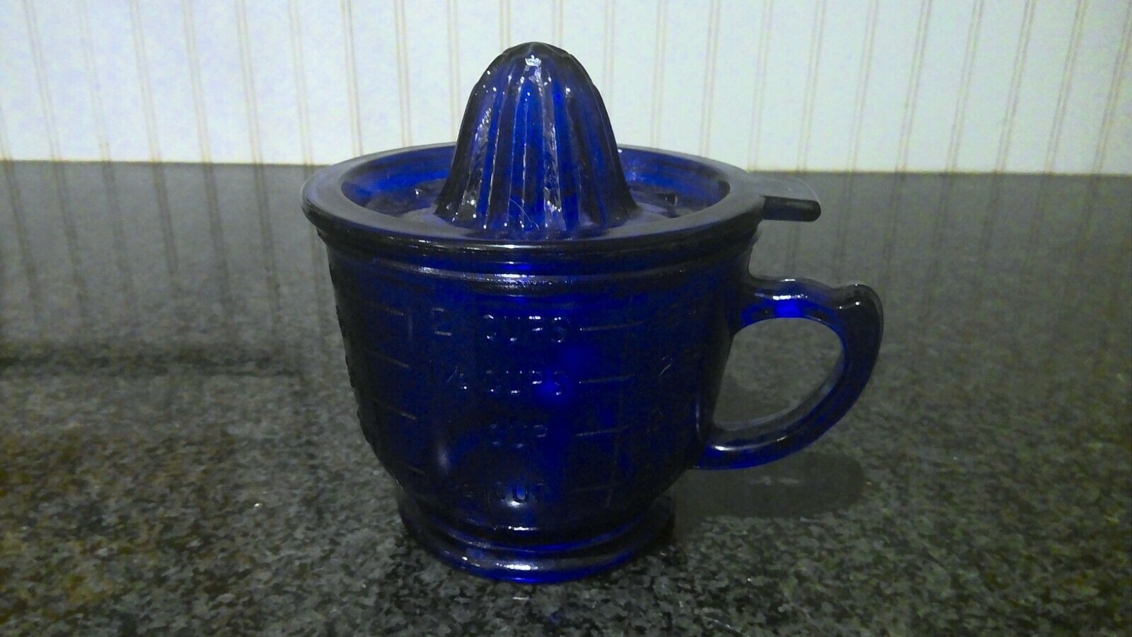 Cobalt Blue Glass Vintage Replica Measuring & Mixing Cup Lemon Juicer Lid 2 Cups