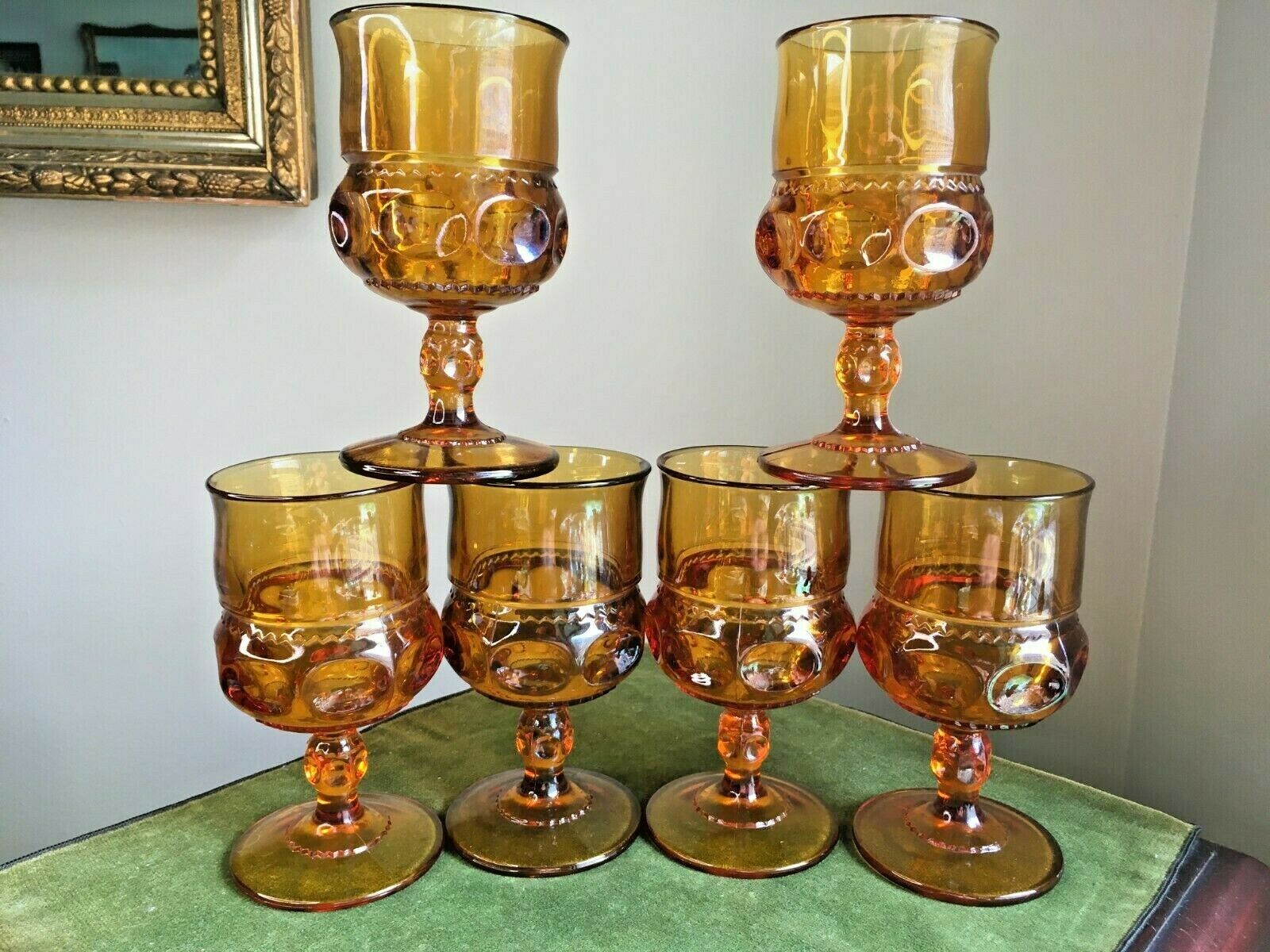6 Kings Crown Tiffin Amber Glass Water Wine Stems Thumbprint Goblets Lot 1