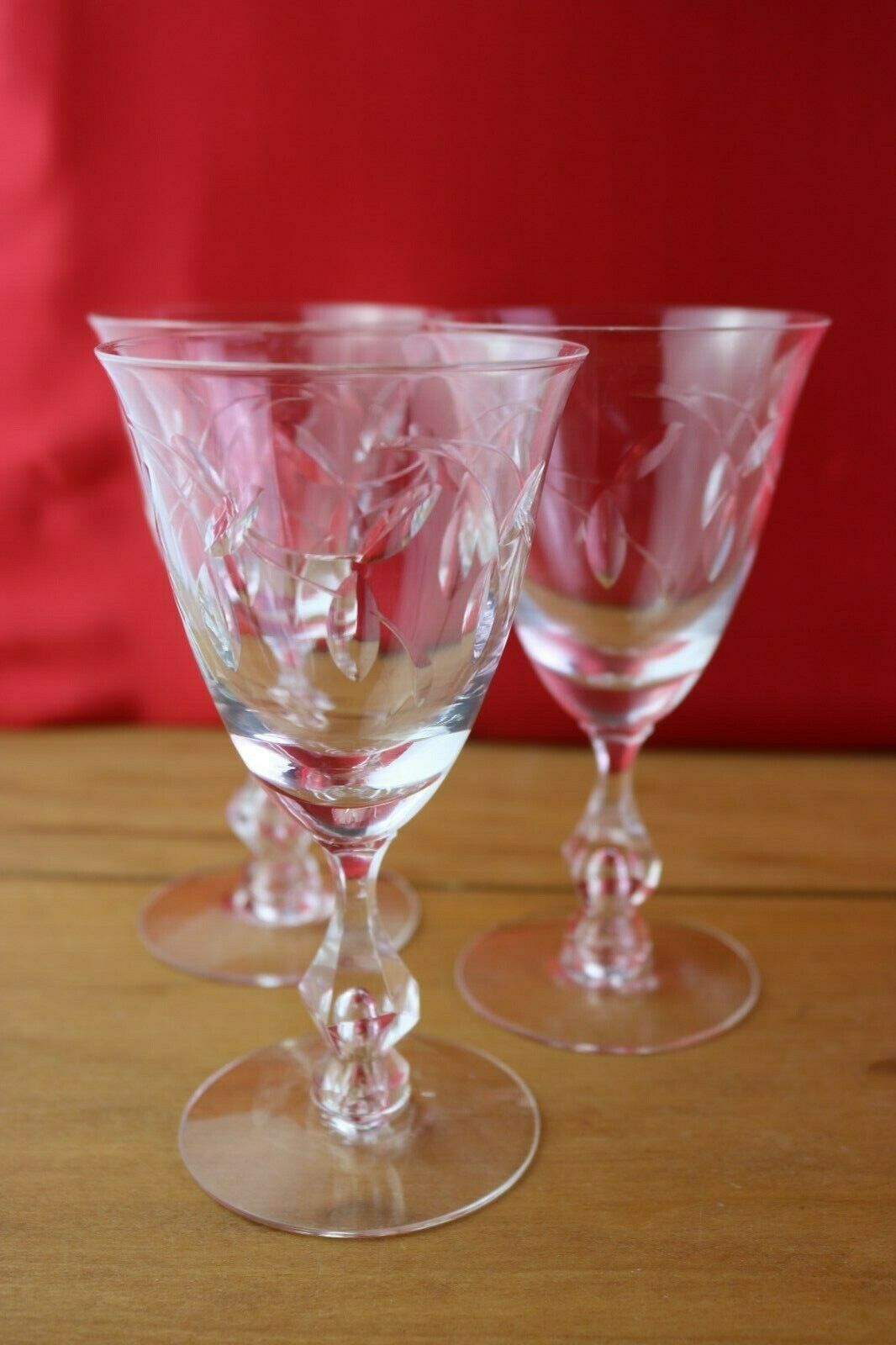 Tiffin Franciscan Petite 3 Claret Wine Glasses Cut Leaves Bubble Stem 5 3/8 "