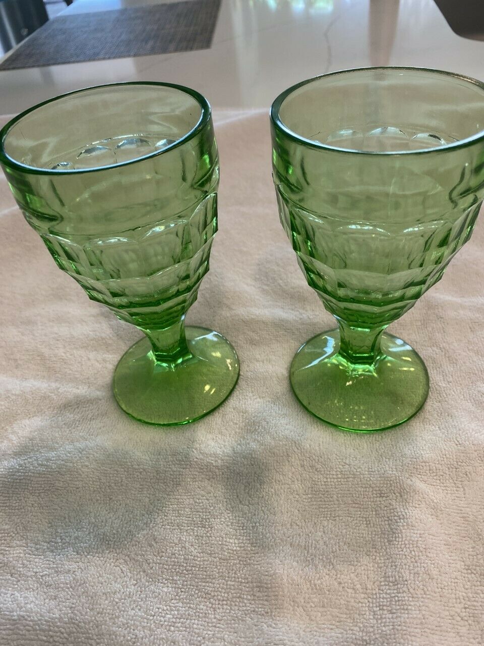(2) Vintage Green Depression Glass Wine Water Goblet Colonial Block 5 ¾ In.