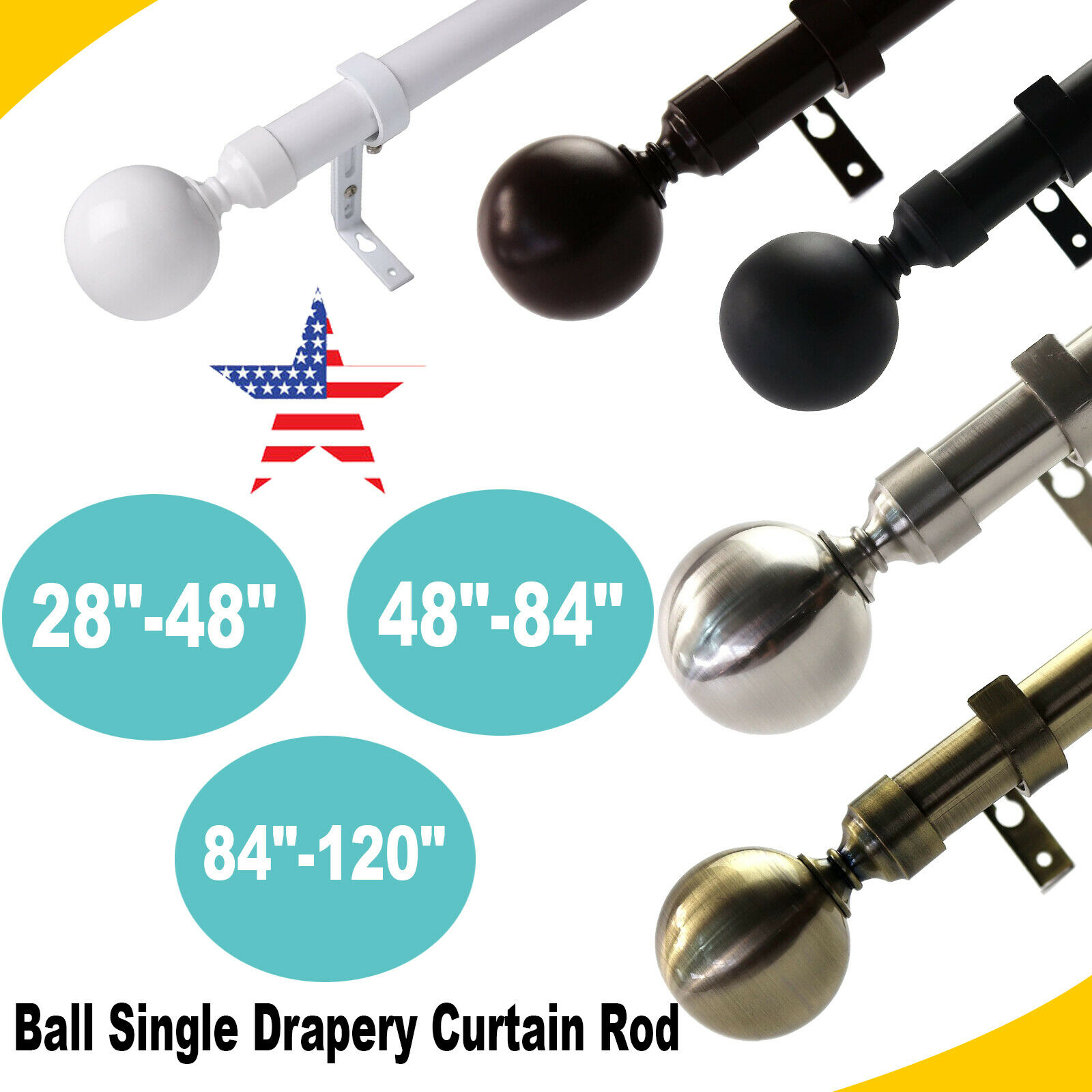 1" Diameter Steel Ball Single Drapery Curtain Rod 28"-48"/ 48"-84"/84"-120" Us