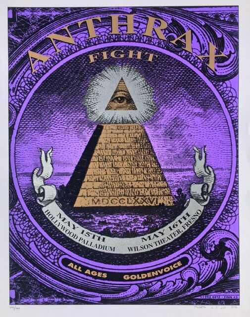 Anthrax Silkscreen Concert Poster 1994 Hollywood Getz Masonic Seeing Eye