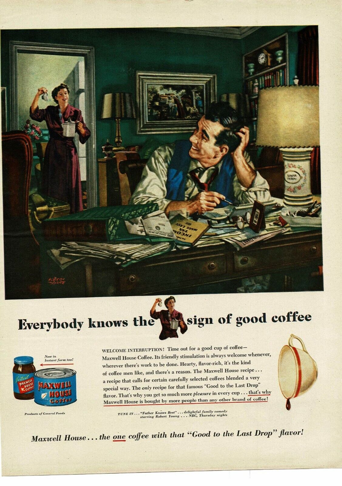 1950 Maxwell House Man Doing Taxes Albert Dorne Artist Vintage Ad