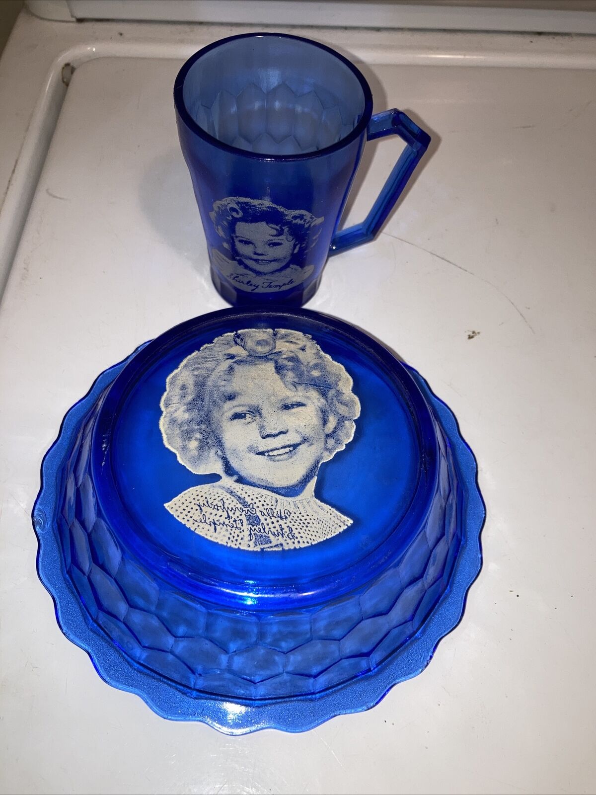 Antique, Blue Glass, Shirley Temple Cereal Bowl And Cup