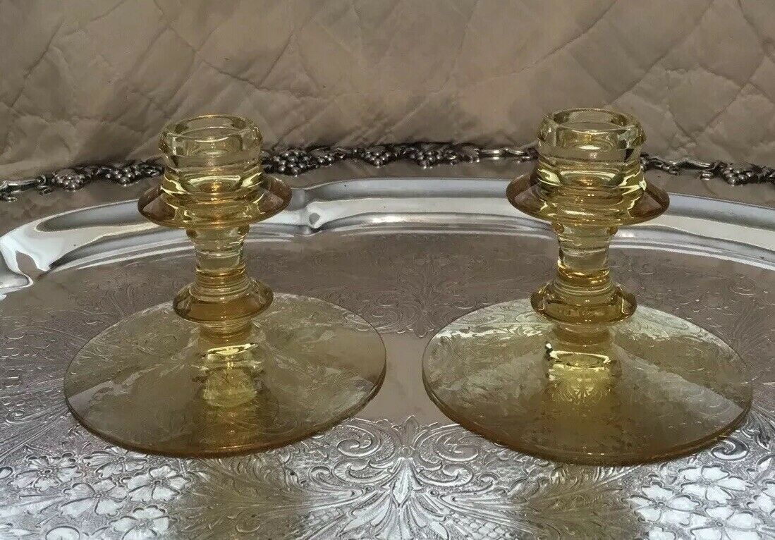 Tiffin Flanders Hard To Find Yellow Elegant Glass Candleholders Pair