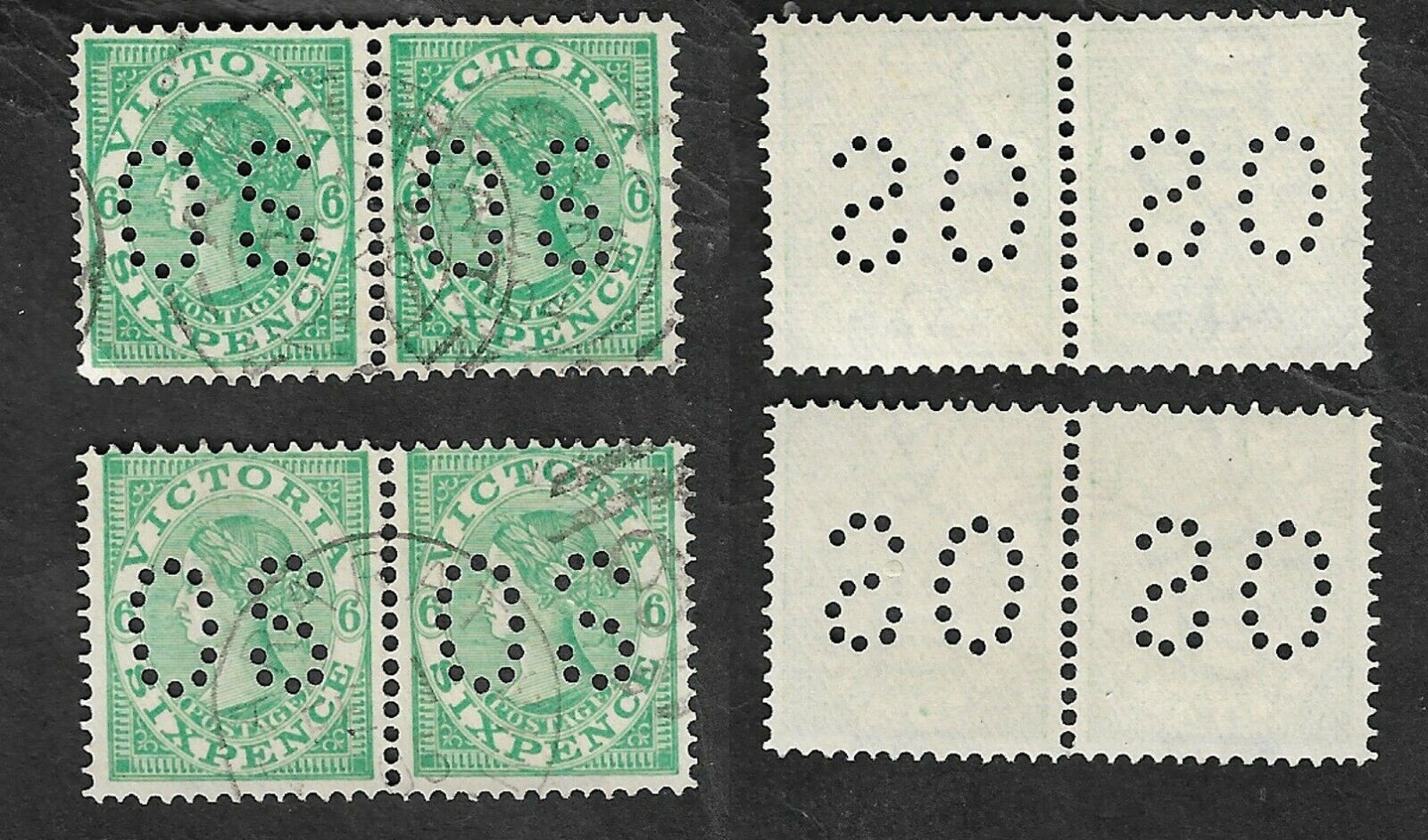 Vic Postage 6d Perfin Os Pairs X 2