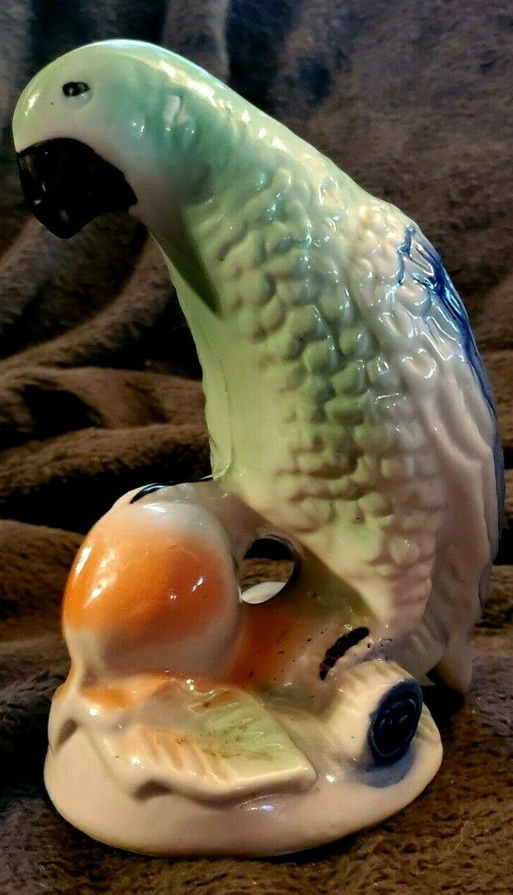 Vtg Mint African Deco Grey Parrot Bird Figurine Ceramic Porcelain Blue Statue