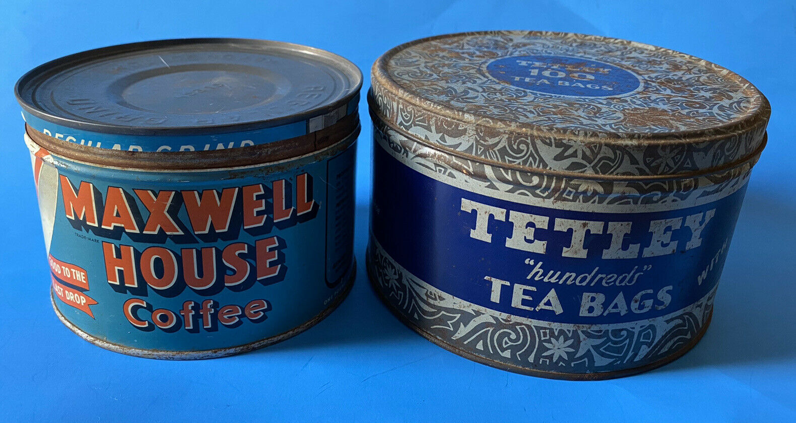 Vintage Maxwell House Roaster Fresh Coffee Kitchen Décor Tetley Tea Tin Can Lot