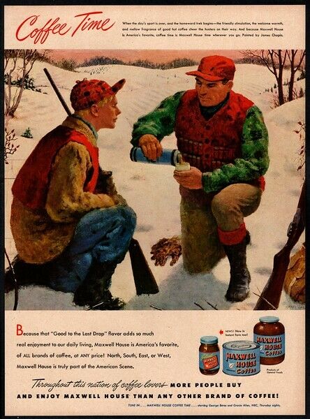 1948 Maxwell House Coffee - James Chapin Art - Father Son Hunting  Vintage Ad