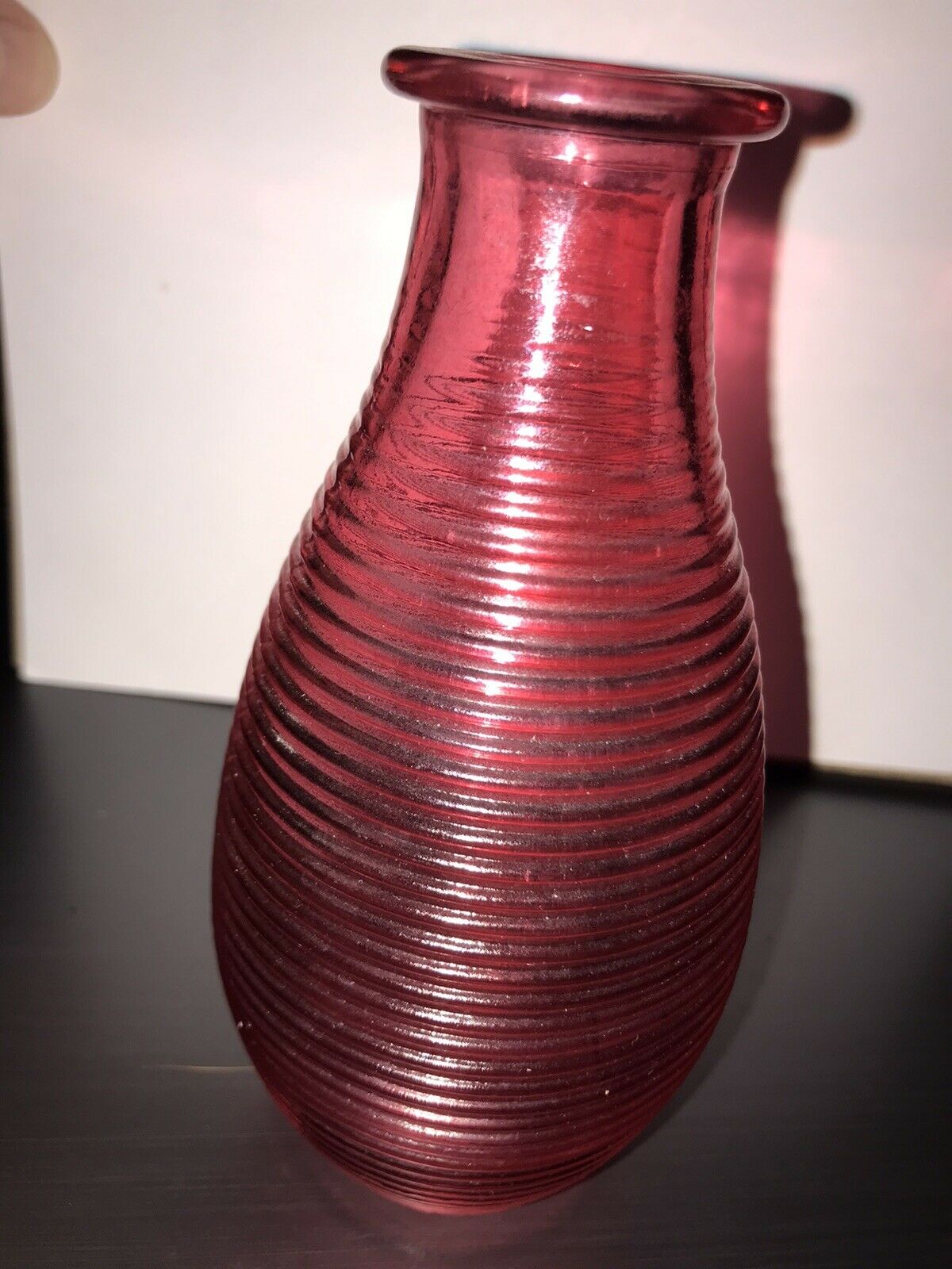 Vintage Cranberry Glass Vase 6" Ribbed Beehive With Flat Edge Top