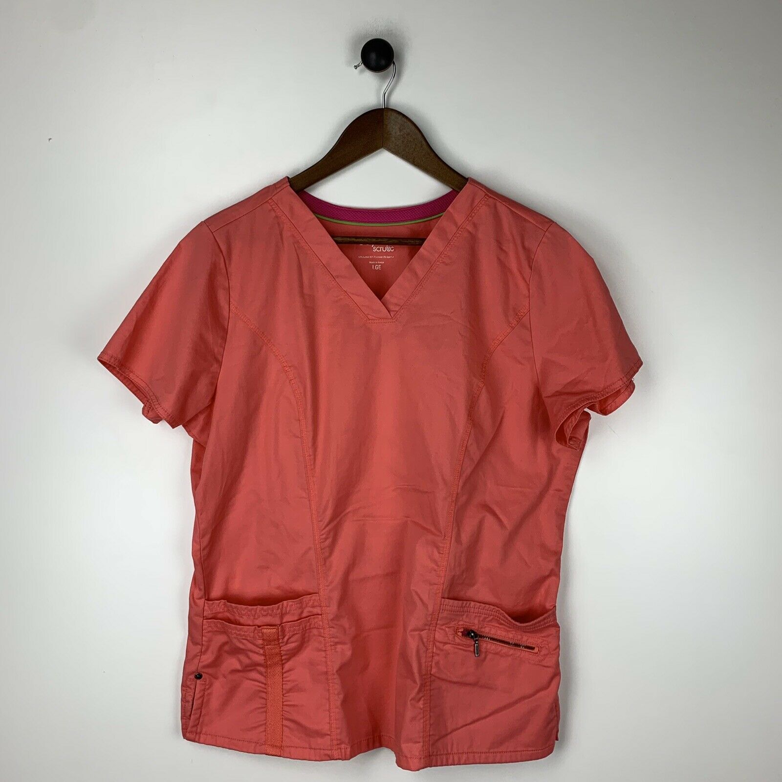 Beyond Scrubs Orange Coral Pink Short Sleeve Scrub Top Large Medical Nursing