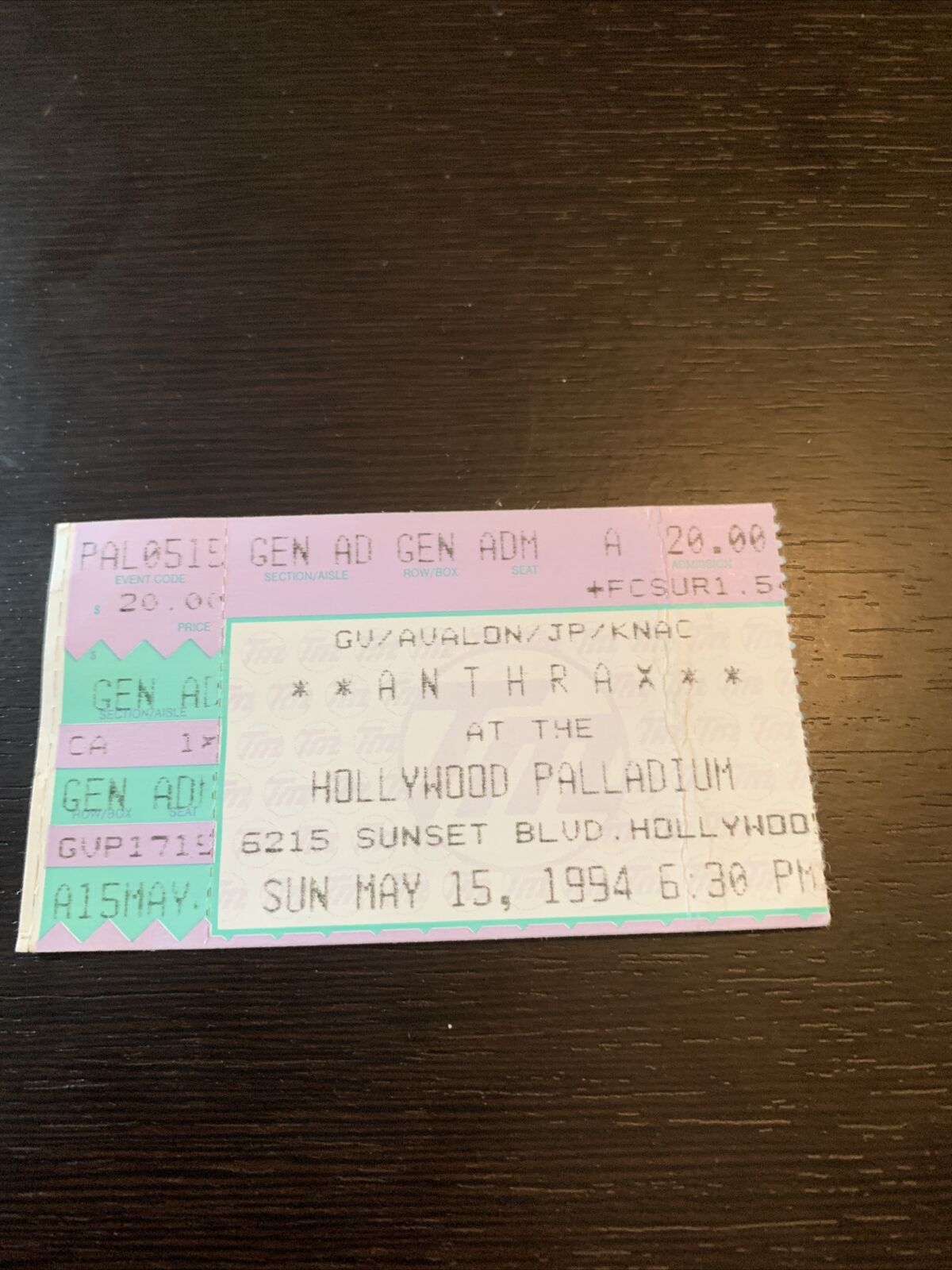 Anthrax Ticket Stub 1994 The Palladium