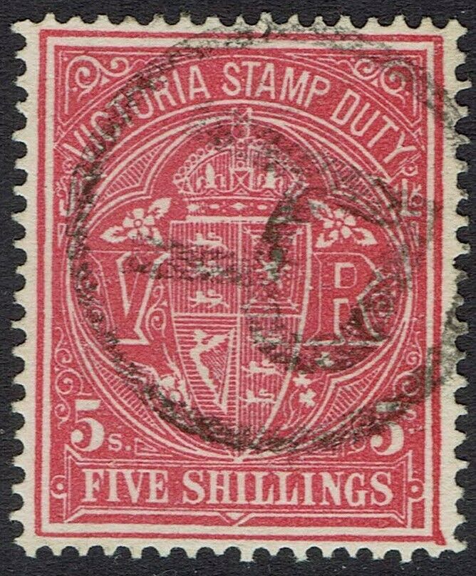 Victoria 1884 Stamp Duty 5/- Wmk V/crown Sg Type W33 Postally Used