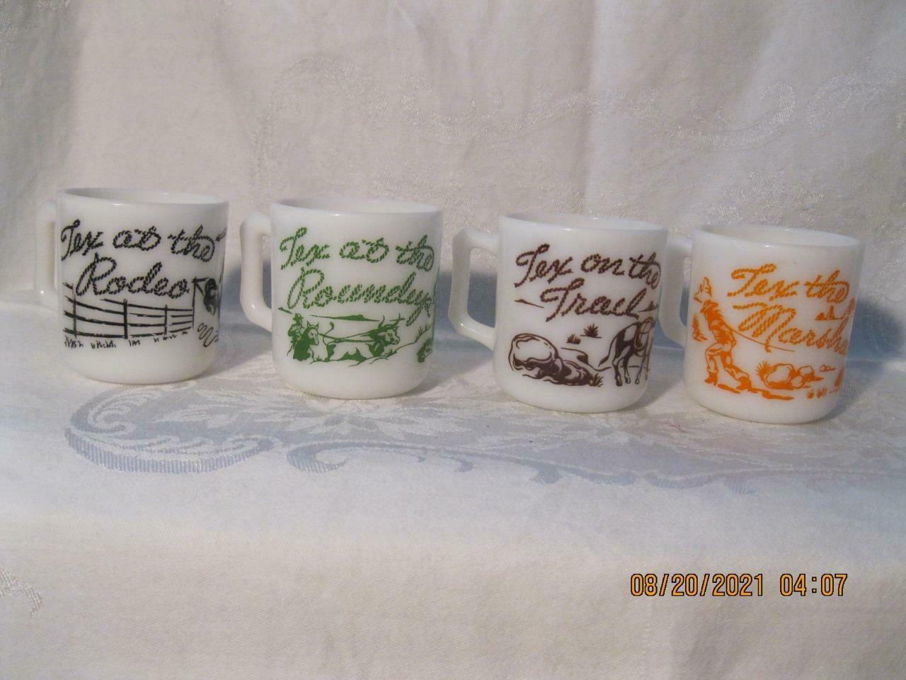 Set Of 4 Hazel Atlas Mugs Tex At The Roundup, Rodeo, Tex The Marshall, On Trail