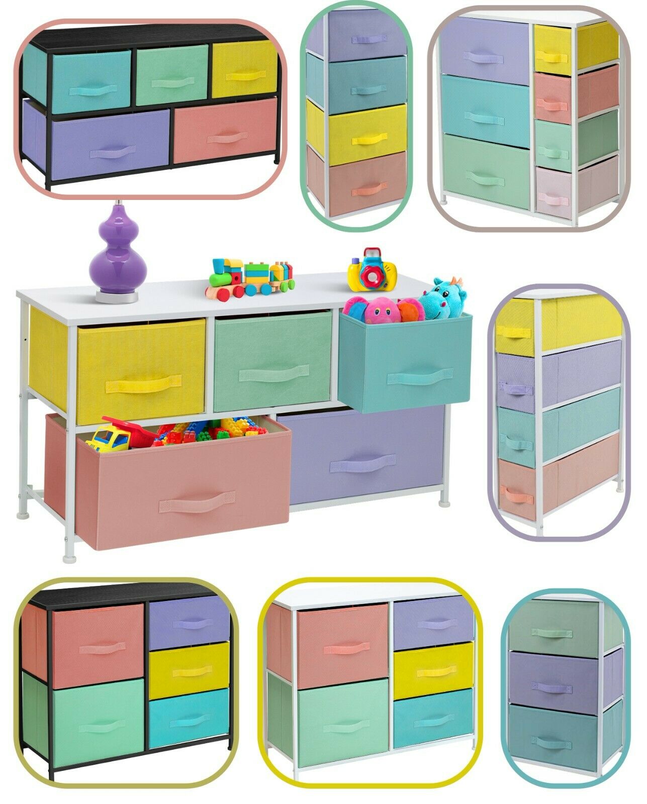 Furniture Dresser W/ Drawers - Assorted Storage Organizer Chests - Pastel Medley