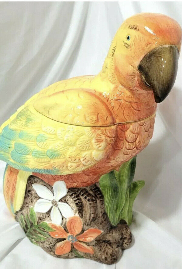 Global Home Cookie Jar Hand Painted Ipanema Parrot Tropical Bird Cookie Jar