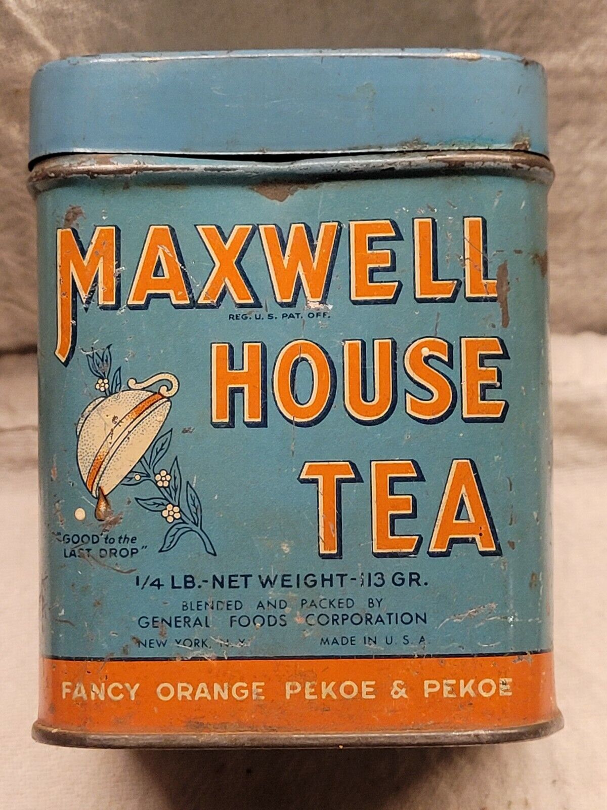 Vintage Tea Tin Maxwell House Orange Pekoe & Pekoe Good To The Last Drop 1/4 Lb.
