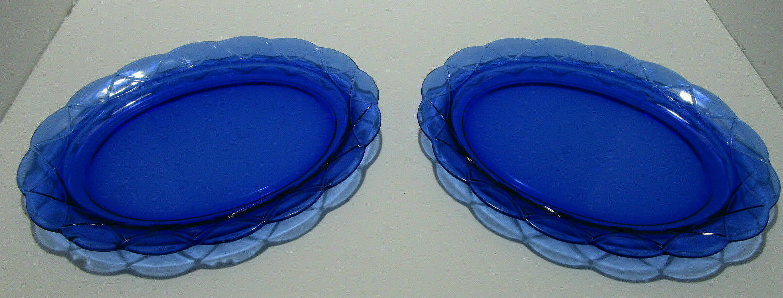 Vintage Hazel Atlas Glass Cobalt Blue Newport Hairpin Oval Platter 12" Set Of 2