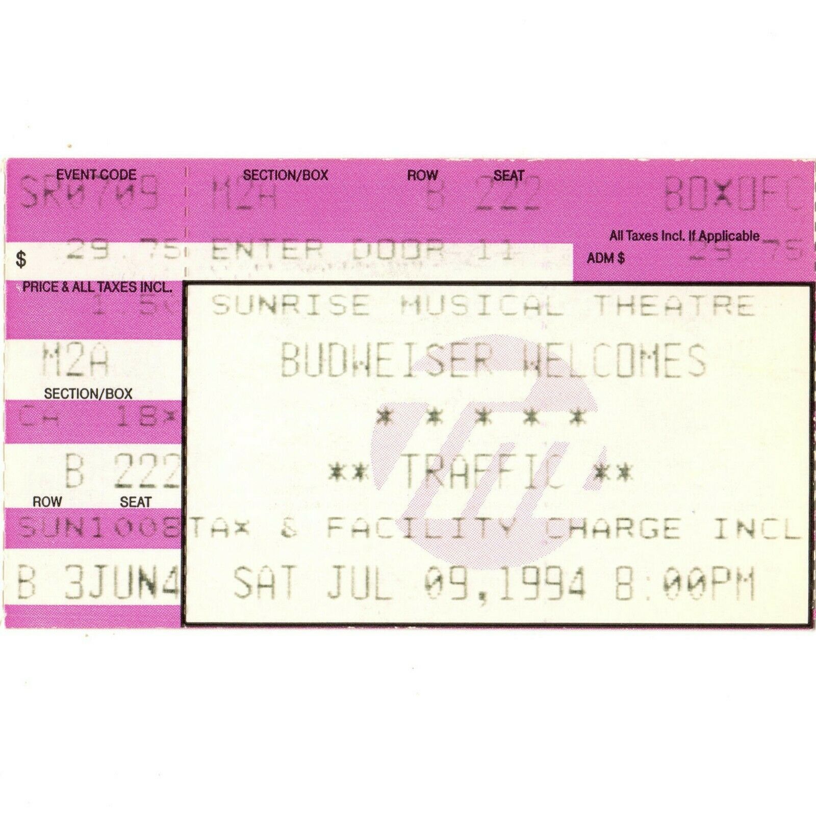 Traffic Concert Ticket Stub  Sunrise Fl 7/9/94 Steve Winwood Far From Home Tour