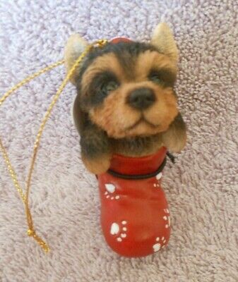 Cold Cast Ceramic Dog Breed Christmas Ornament Yorkie  Puppy In Red Stocking
