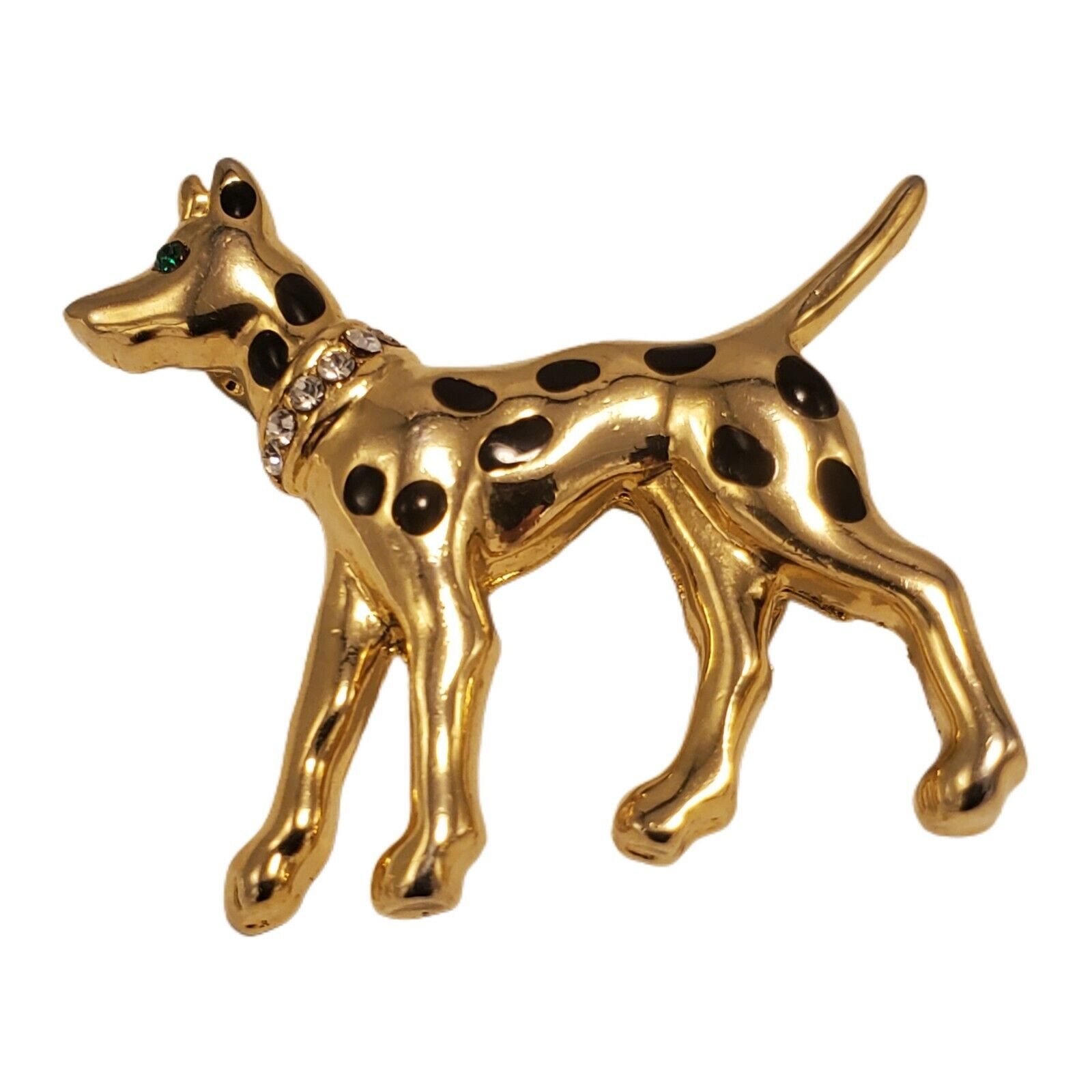 Spotted Doberman  Dalmatian Gold Tone Enamel Rhinestone Pin Brooch Dog