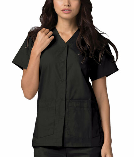 Adar Women Doctor Nurse Short Sleeve Snap Front V Neck Double Pocket Scrub Top